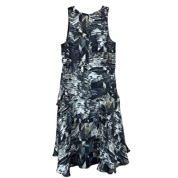 Club Monaco Abstract Leaf Print Ruffle Trim Cocktail Dress Black Green Size 4 - Picture 2 of 9